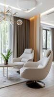 Modern living room with white furniture and wooden floor photo