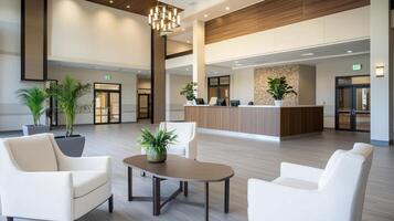 The lobby of a modern office building with white furniture photo