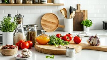 A kitchen with a cutting board, spices, and vegetables photo