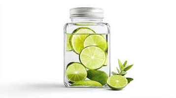 A glass bottle filled with lime slices and water photo