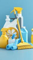 A variety of cleaning products on a blue surface photo