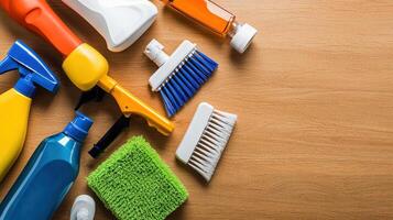 Various cleaning supplies on a wooden surface photo