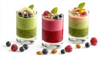 Three different smoothies with berries and nuts photo