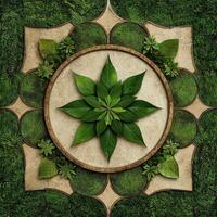 A circular frame with green leaves and moss photo