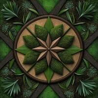 A green and brown circular design with plants and leaves photo