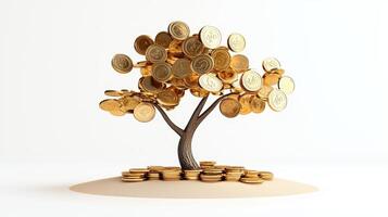 Golden coins on a tree with a white background photo
