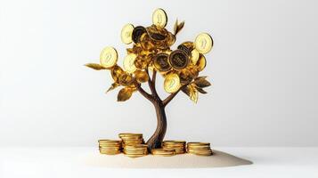 Golden tree with coins on white background photo
