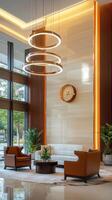 Modern lobby with wooden walls and a clock photo