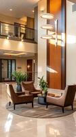 A lobby with chairs and a table in it photo