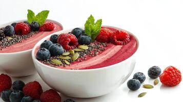 Two bowls of smoothie with berries and seeds photo
