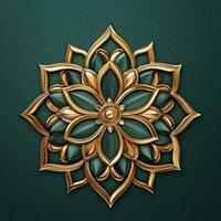 Golden flower on green leather background photo