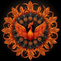 A phoenix bird is surrounded by ornate leaves photo