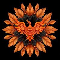 A phoenix bird is surrounded by black and orange leaves photo