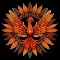 A phoenix bird is shown in the center of a circular design photo