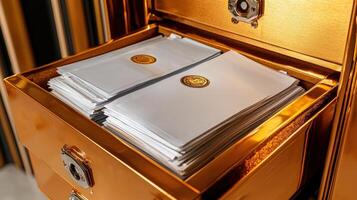 Golden safe with coins and papers photo