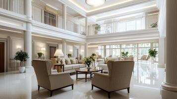 A large lobby with white walls and columns photo