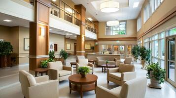 A large lobby with lots of furniture and plants photo