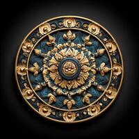 Golden circular medallion with floral design on black background photo
