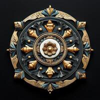 A decorative gold and blue circular wall decoration photo