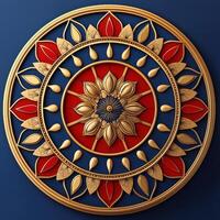 Golden mandala with red and blue flowers on a blue background photo