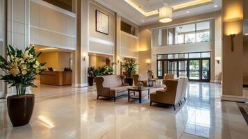 A large lobby with chairs and a vase of flowers photo