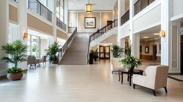The lobby of a large building with stairs and a staircase photo