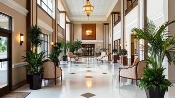 The lobby of a hotel with large windows and lots of plants photo