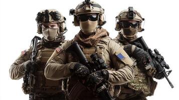 Three soldiers in military gear with guns photo