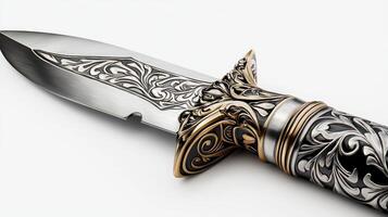 A knife with a silver and gold design photo