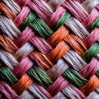 A close up of a woven basket with colorful yarn photo