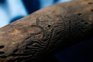 Close-up macro shot with shallow depth of field. A beetle-eaten branch of dry wood photo