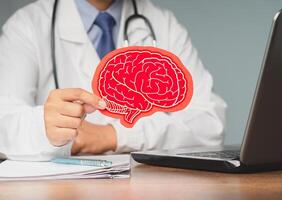 Doctor in a uniform holding a red paper brain symbol while sitting at the table in the hospital photo