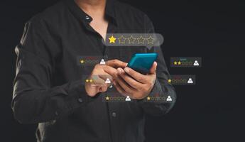 Negative feedback concept. Choosing a 1-star rating review in the survey, poll, or customer satisfaction research photo