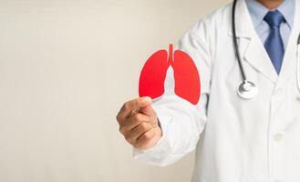 Close-up of a doctor holding a lung shape symbol while standing in the hospital. Space for text. photo