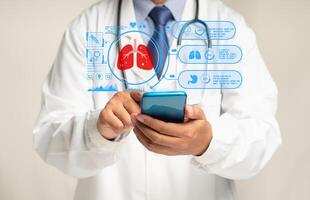 A physician in uniform reads a lung examination report on a smartphone's virtual display while standing in a hospital photo
