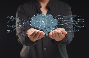 AI Artificial Intelligence of futuristic technology network of the brain on business analysis, innovation, and business growth development. Close-up. photo