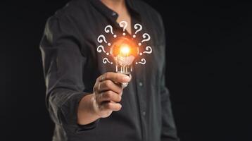 Hand holding a light bulb with question marks symbol while standing on a black background photo
