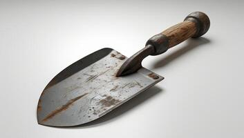 A worn gardening trowel with a rusty blade and wooden handle, ideal for gardening, landscaping, and outdoor projects. photo
