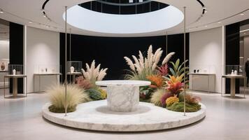 Photo of Elegant showroom featuring a marble display with plants and decorative objects in a minimalist style