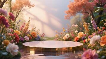 Photo of Elegant marble platform surrounded by colorful flowers and trees in a serene garden setting