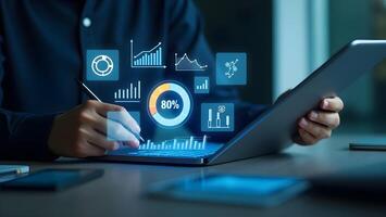 Futuristic Interface with Analytics, Graphs, and Secure Business Technology on Laptop photo