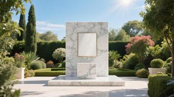 Photo of Marble frame with blank canvas in a serene garden setting under a bright sunny sky