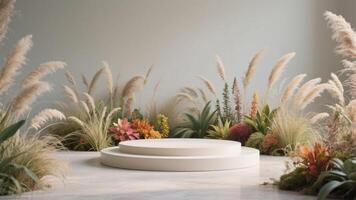 Photo of Two tiered platform surrounded by pampas grass and colorful flowers in a serene scene