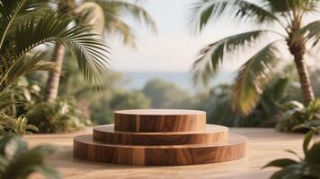 Photo of Wooden podium display in a tropical setting with palm trees and a blurred ocean view