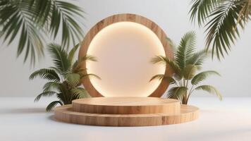 Photo of Wooden podium with round backdrop and palm leaves for product display and presentation