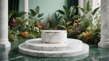 Photo of Marble podium surrounded by lush tropical plants and columns creating an elegant display stage
