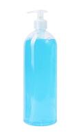 Blue antibacterial soap with bubbles, in a transparent plastic container with a dispenser, for washing hands from dirt and protecting against germs, hygiene concept, isolated on white background photo