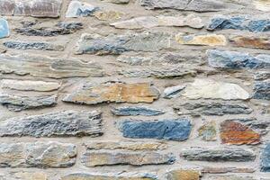 Close up view of old stone wall, ancient building methods showing textures and patterns of old stones and mortar, combination of grey, bluish and beige stones in masonry, photo