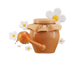 Honey dripping from dipper sticks with honey jar icon with flower icon 3d render png