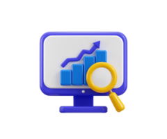 Monitor with bar chart icon 3d render concept of market analysis in computer monitor with report icon illustration png